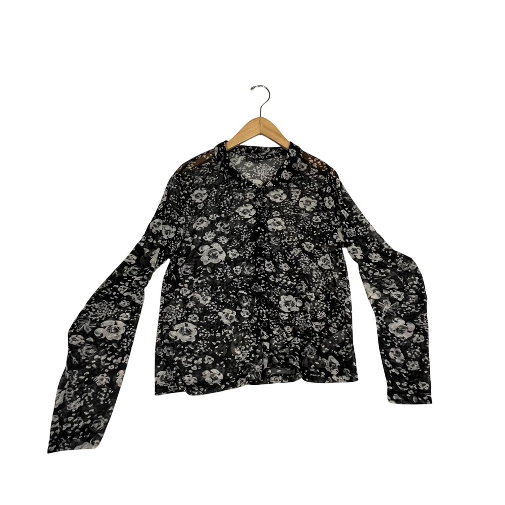 Jolie & Joy Black White Floral Sheer Mesh Button Front Top 2X Long Sleeve